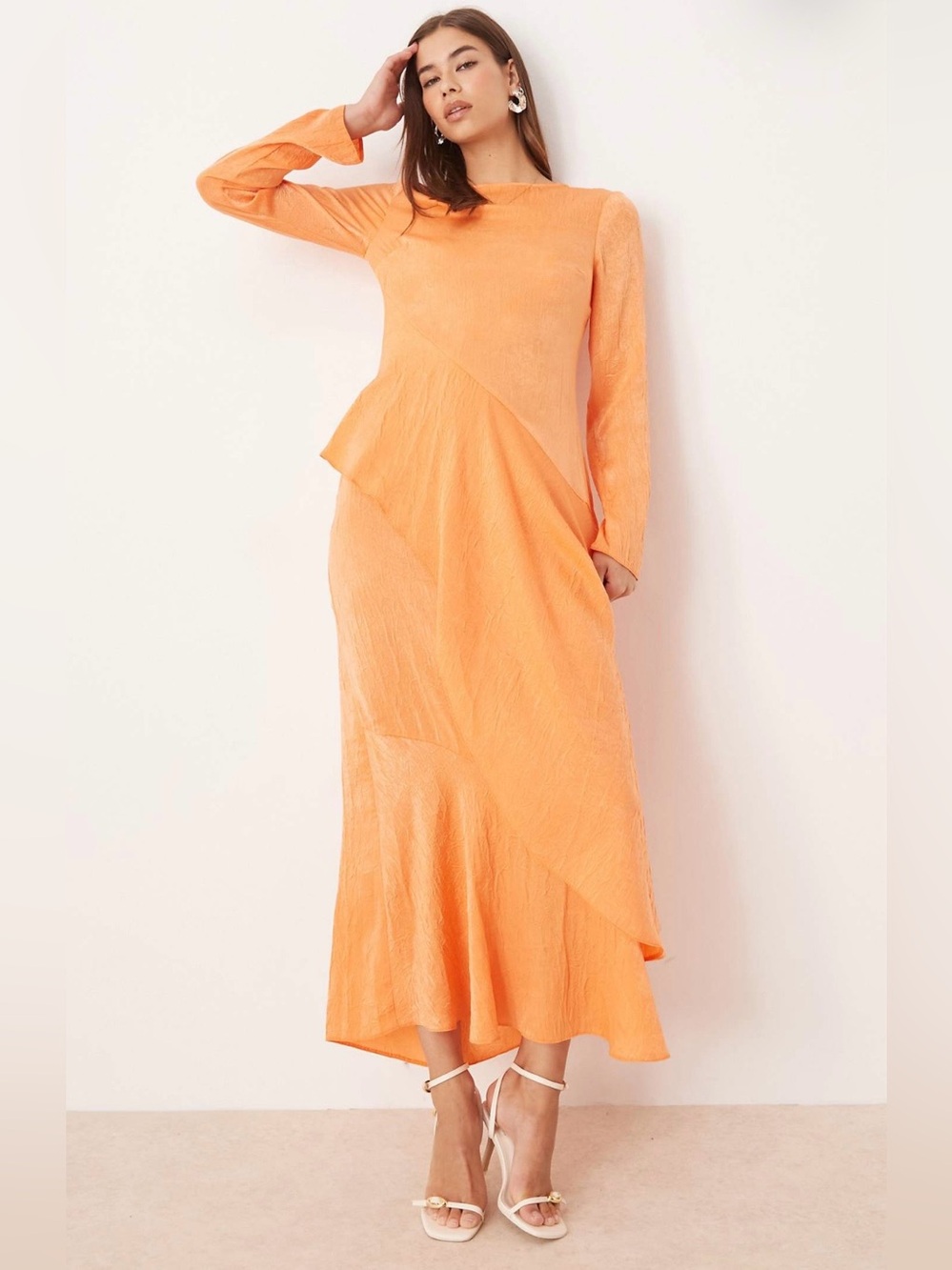 Elegant Orange Long-Sleeve Midi Dress